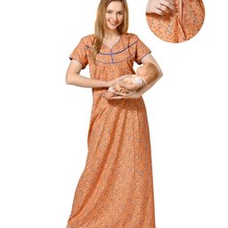Piu Cotton Half Sleeves Floral Printed Nighty With Concealed Zipper Nursing Access - Orange-image-97