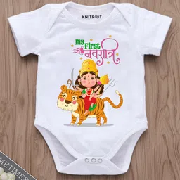 KNITROOT Navratri Theme Half Sleeves My First Navratri Text Printed Onesie - White-picture-19