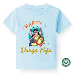 BLUSHES Durga Puja Theme 100% Cotton Half Sleeves Happy Durga Puja Text Printed Tee - Powder Blue-picture-37