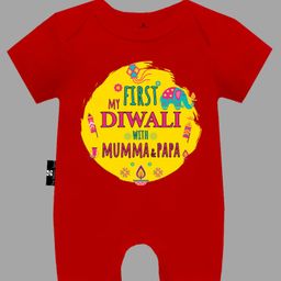 The Peppy Tend Diwali Theme 100% Cotton Half Sleeves My First Diwali With Mumma & Papa Text Printed Romper - Red-picture-16