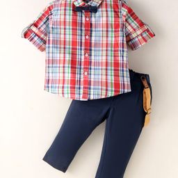 ToffyHouse 100% Cotton Knit Full Sleeves Checkered Shirt Trouser Set with Bow & Suspender - Navy Blue-picture-16