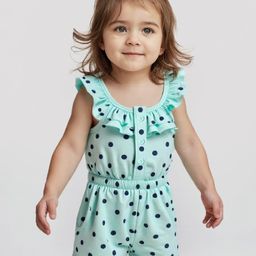 Babyoye Cotton Lycra Knit Singlet Sleeves Polka Dots Printed Romper with Frill Detailing - Aqua Blue-picture-9