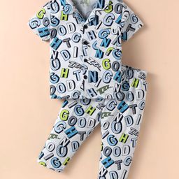 Smarty Boys Sinker Knit Half Sleeves Night Suit with Text Print - Light Blue-picture-17