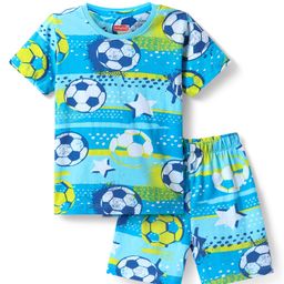 Babyhug Cotton Knit Half Sleeves Shorts Co-ord Nightsuit with Football - Blue-image-103