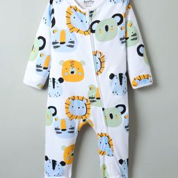 Bonfino 100% Cotton Knit Full Sleeves Sleepsuit with Cub Print - White-image-6
