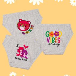 NUSYL Cotton Pack Of 3 Teddy & Good Vibes Only Text Printed Panties - Grey-13