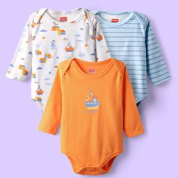 Babyhug 100% Cotton Knit Full Sleeves Onesies with Stripes & Nautical Print Pack of 3 - White & Orange-image-33
