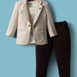 Dapper Dudes Full Sleeves Textured Blazer With Typography Printed Tee & Pant Set - Cream-picture-15