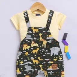 Jb Club Cotton Knit Animals In The Jungle Printed Dungaree With Half Sleeves Tee - Yellow-picture-41