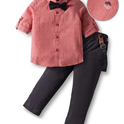 Mark & Mia Woven Full Sleeves Printed Party Shirt & Trouser Set with Bow & Suspender - Dark Pink & Black-picture-37