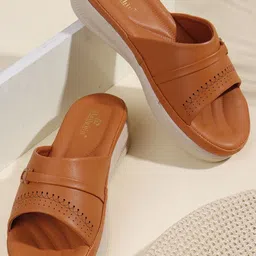 Dollphin Women Tan Synthetic Leather Round Toe Slip On Open Toe Flats-picture-29