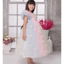 Tiny Kingdom Net One Shoulder Flutter Sleeves Floral Applique Detailed Sequins Embellished Ombre Gown - Multi Colour image 5