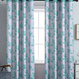 Aura White & Blue Set of 2 Floral Black Out Long Door Curtain-image-86
