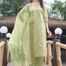 NAINVISH Floral Printed Kurta with Trouser & Dupatta-2