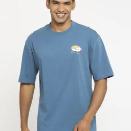 Basics Blue Cotton Relaxed Fit T-Shirt-image-62