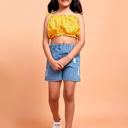 YK Girls Self Design Shoulder Straps Schiffli Top With Denim Shorts-49
