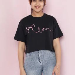 Lil Tomatoes Girls Charcoal Cotton Regular Fit Embroidered Crop Top-image-72