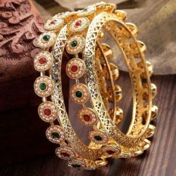 Karatcart Red and Green Stone Studded Gold Plated Pearl Bangles for Women Set of 2-4