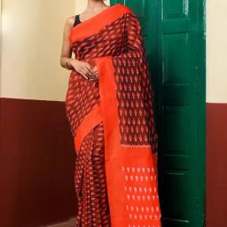 Unnati Silks Brown & Orange Printed Saree With Unstitched Blouse-picture-33