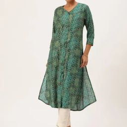 Amukti Green Rayon Printed Three-Quarter Sleeves Kurta-14
