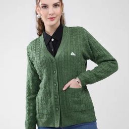 Monte Carlo Green Blend Wool Woven Design Cardigan-image-0