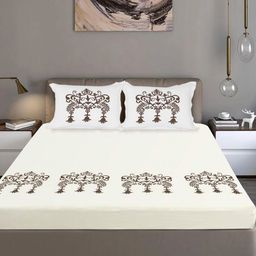 Bodycomfy White Printed Pure Cotton Jersey Fitted 400 TC King Bedsheet Set 1.9m x 1.8m-image-37