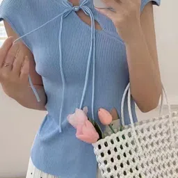 KPOP Tie-Up Neck Cut Out Short Sleeves Top-image-68