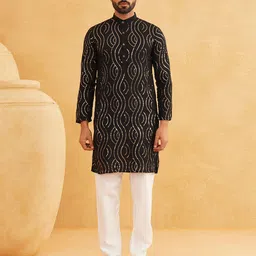 SOJANYA Men Ethnic Motifs Embroidered Regular Sequinned Pure Cotton Kurta with Churidar-picture-12