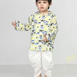 Polka Tots Full Sleeves Elephant Printed Kurta With Dhoti - Multi Colour-image-56