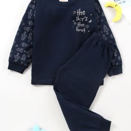 BLUSHES Full Sleeves The Skys The Limit & Star Printed Tee With Pyjama - Navy Blue-image-68