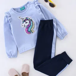 Tiara Full Frill Sleeves Detailed Unicorn Sequin Embellished Patched Detailed Top & Pant - Blue-picture-17