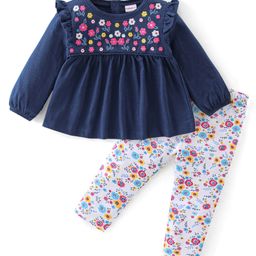 Babyhug Full Sleeves Top & Leggings Set with Floral Embroidery - Navy Blue-image-93