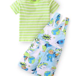 Babyhug 100% Cotton Knit Dungaree & Half Sleeves T-Shirt With Striped & Space Theme Print - Green & Blue-image-107