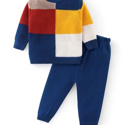 Babyhug Knitted Full Sleeves Sweater Set with Colour Block Design - Multicolour-image-99