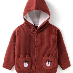 Babyhug Knitted Full Sleeves Front Open Hooded Sweater with Bear Embroidery & Applique - Dark Red-picture-35