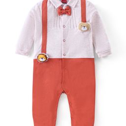 Babyhug Interlock Knit Full Sleeves Solid Colour  Romper With Bear & Lion Applique & Bow - Rust Orange-image-10