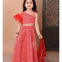 Superminis One Shoulder Lace Embellished & Leheriya Printed Coordinating Lehenga Choli With Dupatta Set - Red-image-56