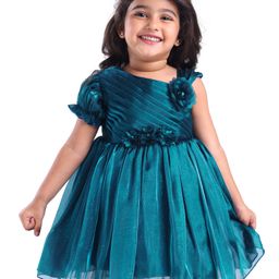 Babyhug  Woven One Shoulder  Sleeves Party Frock with Floral Applique  - Teal Blue-image-15