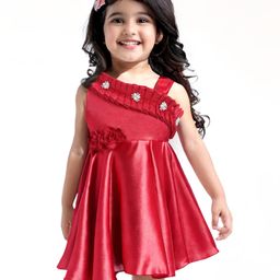 Babyhug Woven Sleeveless Fit & FlaredParty Frock with Floral Applique& Pearl Detailing - Red-picture-16