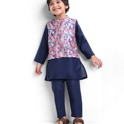 Babyhug Cambric Woven Full Sleeves Kurta Pyjama Set & Geometric PrintedNehru Jacket- Navy Blue-image-96
