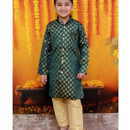 BownBee Jacquard Full Sleeves Floral Motifs Foil Printed Sherwani & Pyjama Set - Green-image-96