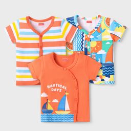 Babyhug 100% Cotton Knit Half Sleeves Front Open Vest With Stripes & Nautical Print Pack Of 3 - Orange & Light Blue-image-30