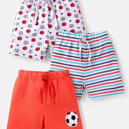 Babyhug Cotton Knit Mid Thigh Length Shorts with Stripes & Football Print Pack of 3 - White & Red-image-39