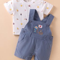 ToffyHouse Interlock Knit Half Sleeves T-Shirt & Dungaree with Space Theme Print & Embroidery - White & Navy Blue-image-98