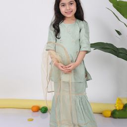 Kinder Kids Cotton Three Fourth Sleeves Floral Sequin Embellished & Embroidered Kurta With Sharara & Dupatta - Green-image-99