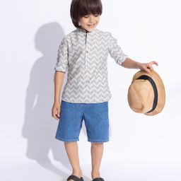 Taffykids Silk Full Sleeves Chevron Embroidered Shirt Style Kurta - White-image-48