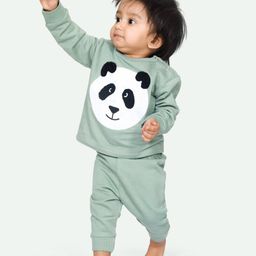 Ariel Pure Cotton Full Sleeves Panda Embroidered Tee & Joggers Set - Green-image-96