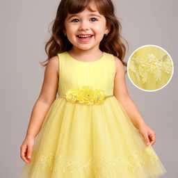 Babyhug Woven Sleeveless Party Wear Fit And Flare Mesh Dress With Floral Corsage - Yellow-image-91