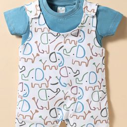 First Smile Sinker Knit Half Sleeves Dungaree Style Romper with Elephant Print - Light Blue-image-97