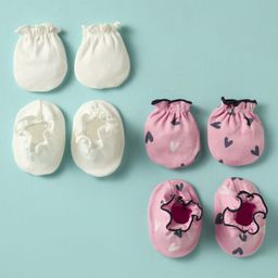 Ben Benny 100% Cotton Interlock Knit Mitten & Booties Set with Heart Print Pack of 2 - White & Pink-picture-12